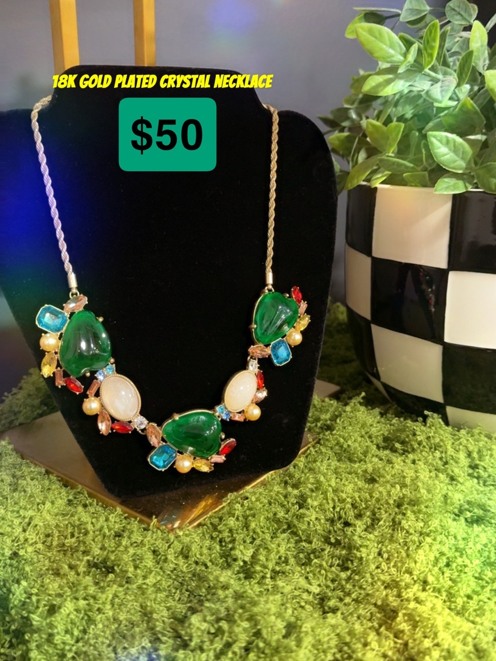 18K Gold-Plated Multicolor Crystal Statement Necklace - Green Accent